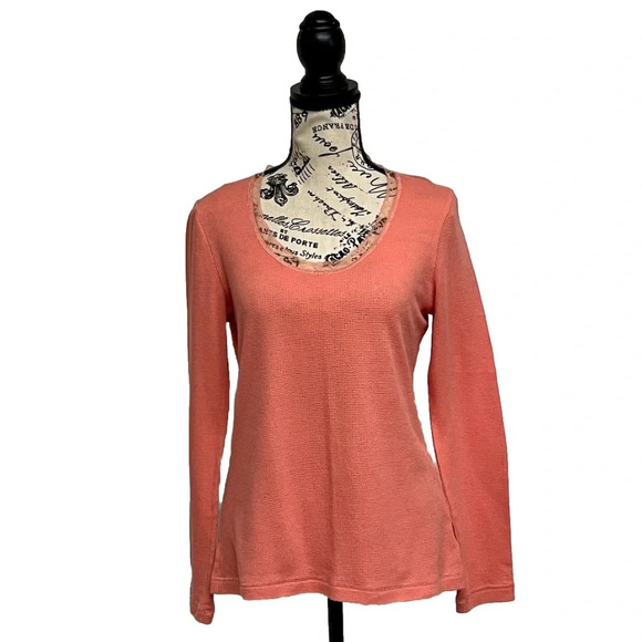 Salmon Pink Waffle Knit  Thermal Shirt Boho Winter Base layer Outdoor M Womens - Picture 1 of 8